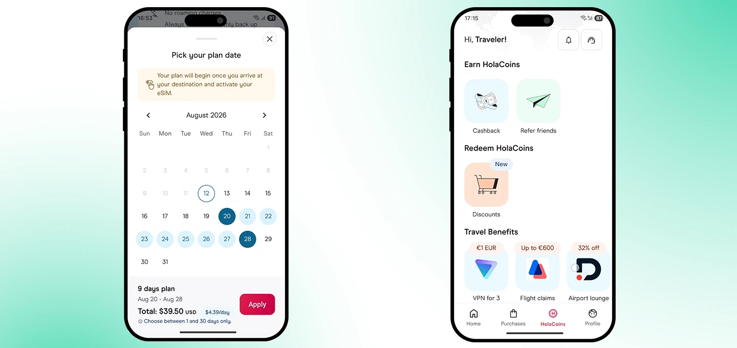 Holafly mobile app interface showing plan management and the homagepage